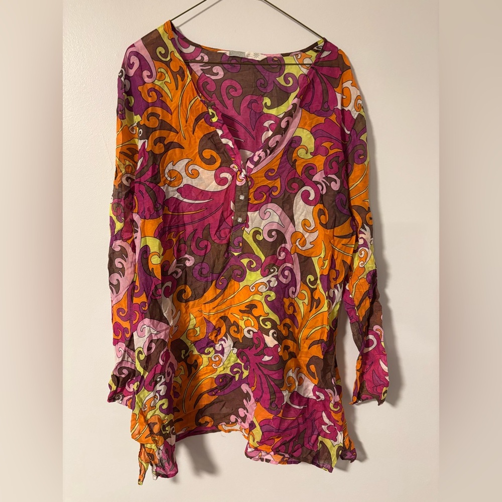 Athleta Tear Away B4 U Play Cover-Up long Sleeve Button Tunic Top Blouse Size XL